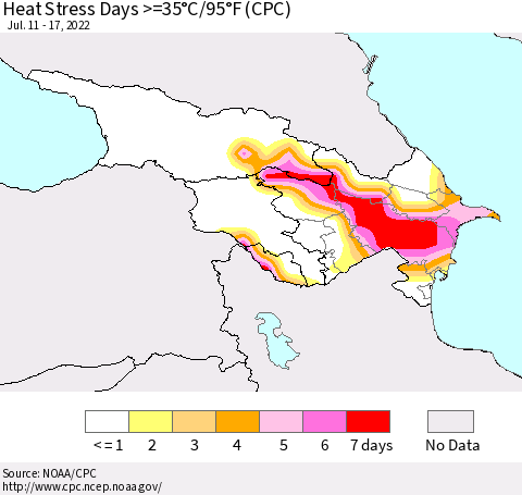 Azerbaijan, Armenia and Georgia Heat Stress Days >=35°C/95°F (CPC) Thematic Map For 7/11/2022 - 7/17/2022