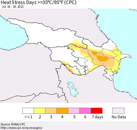 Azerbaijan, Armenia and Georgia Heat Stress Days >=35°C/95°F (CPC) Thematic Map For 7/18/2022 - 7/24/2022