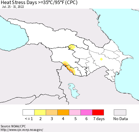 Azerbaijan, Armenia and Georgia Heat Stress Days >=35°C/95°F (CPC) Thematic Map For 7/25/2022 - 7/31/2022