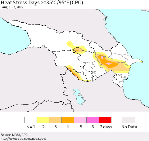 Azerbaijan, Armenia and Georgia Heat Stress Days >=35°C/95°F (CPC) Thematic Map For 8/1/2022 - 8/7/2022