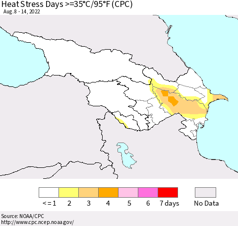 Azerbaijan, Armenia and Georgia Heat Stress Days >=35°C/95°F (CPC) Thematic Map For 8/8/2022 - 8/14/2022