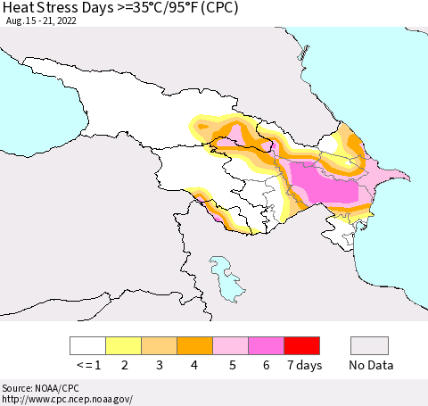 Azerbaijan, Armenia and Georgia Heat Stress Days >=35°C/95°F (CPC) Thematic Map For 8/15/2022 - 8/21/2022