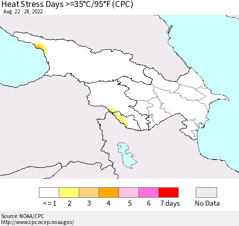 Azerbaijan, Armenia and Georgia Heat Stress Days >=35°C/95°F (CPC) Thematic Map For 8/22/2022 - 8/28/2022