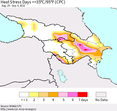 Azerbaijan, Armenia and Georgia Heat Stress Days >=35°C/95°F (CPC) Thematic Map For 8/29/2022 - 9/4/2022