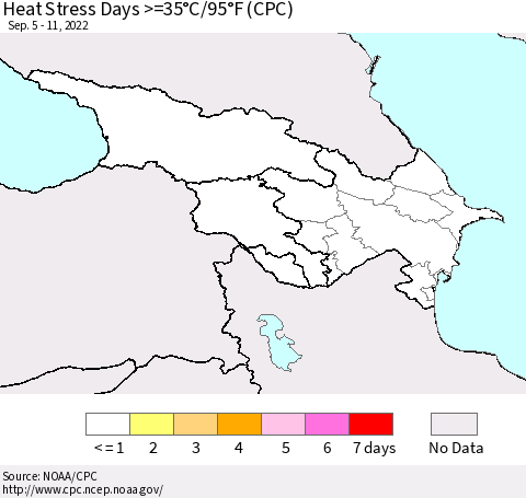 Azerbaijan, Armenia and Georgia Heat Stress Days >=35°C/95°F (CPC) Thematic Map For 9/5/2022 - 9/11/2022