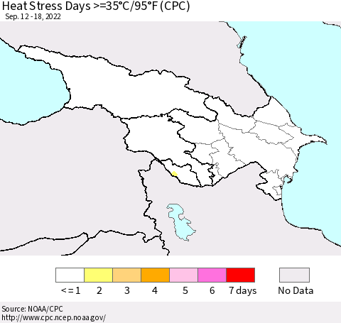 Azerbaijan, Armenia and Georgia Heat Stress Days >=35°C/95°F (CPC) Thematic Map For 9/12/2022 - 9/18/2022