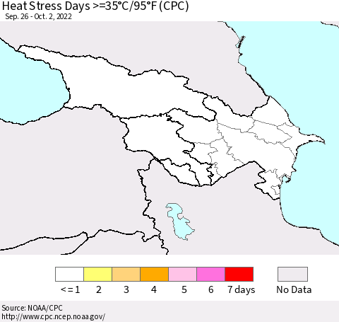 Azerbaijan, Armenia and Georgia Heat Stress Days >=35°C/95°F (CPC) Thematic Map For 9/26/2022 - 10/2/2022