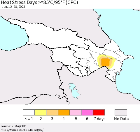 Azerbaijan, Armenia and Georgia Heat Stress Days >=35°C/95°F (CPC) Thematic Map For 6/12/2023 - 6/18/2023