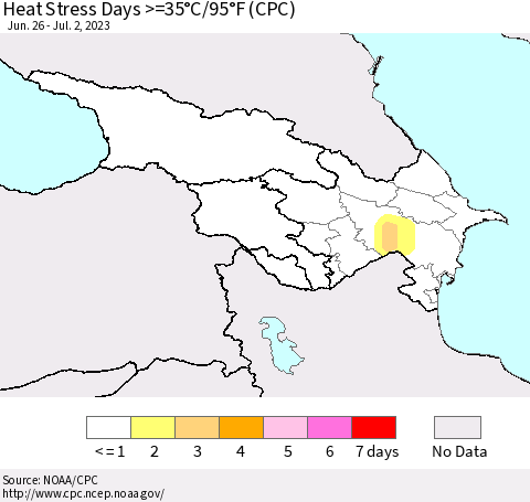 Azerbaijan, Armenia and Georgia Heat Stress Days >=35°C/95°F (CPC) Thematic Map For 6/26/2023 - 7/2/2023