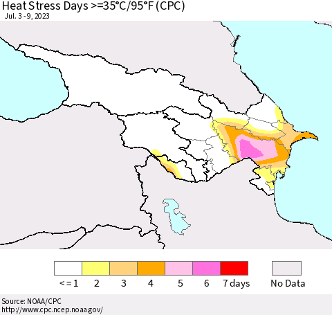 Azerbaijan, Armenia and Georgia Heat Stress Days >=35°C/95°F (CPC) Thematic Map For 7/3/2023 - 7/9/2023