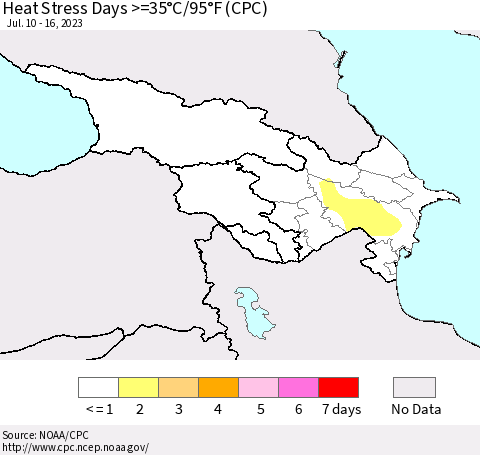 Azerbaijan, Armenia and Georgia Heat Stress Days >=35°C/95°F (CPC) Thematic Map For 7/10/2023 - 7/16/2023