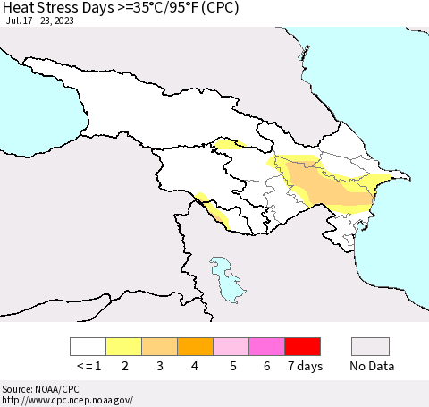 Azerbaijan, Armenia and Georgia Heat Stress Days >=35°C/95°F (CPC) Thematic Map For 7/17/2023 - 7/23/2023