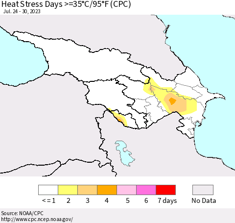 Azerbaijan, Armenia and Georgia Heat Stress Days >=35°C/95°F (CPC) Thematic Map For 7/24/2023 - 7/30/2023