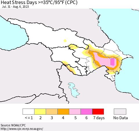 Azerbaijan, Armenia and Georgia Heat Stress Days >=35°C/95°F (CPC) Thematic Map For 7/31/2023 - 8/6/2023
