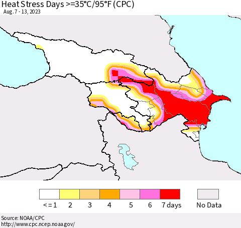Azerbaijan, Armenia and Georgia Heat Stress Days >=35°C/95°F (CPC) Thematic Map For 8/7/2023 - 8/13/2023