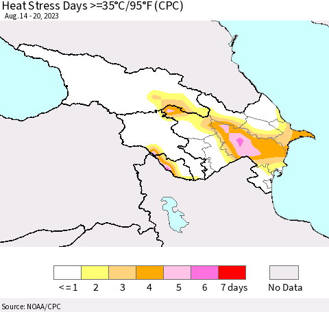 Azerbaijan, Armenia and Georgia Heat Stress Days >=35°C/95°F (CPC) Thematic Map For 8/14/2023 - 8/20/2023