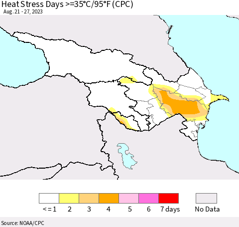 Azerbaijan, Armenia and Georgia Heat Stress Days >=35°C/95°F (CPC) Thematic Map For 8/21/2023 - 8/27/2023