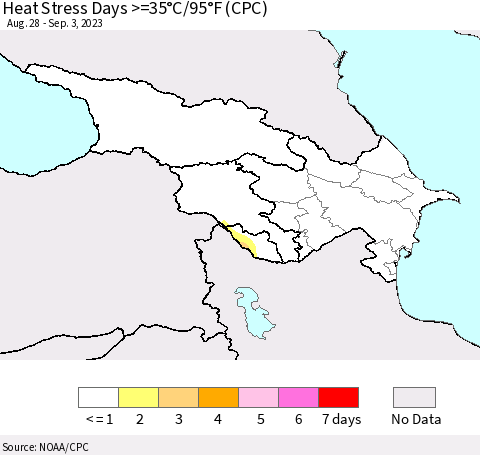 Azerbaijan, Armenia and Georgia Heat Stress Days >=35°C/95°F (CPC) Thematic Map For 8/28/2023 - 9/3/2023