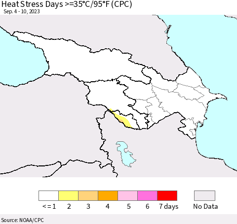 Azerbaijan, Armenia and Georgia Heat Stress Days >=35°C/95°F (CPC) Thematic Map For 9/4/2023 - 9/10/2023