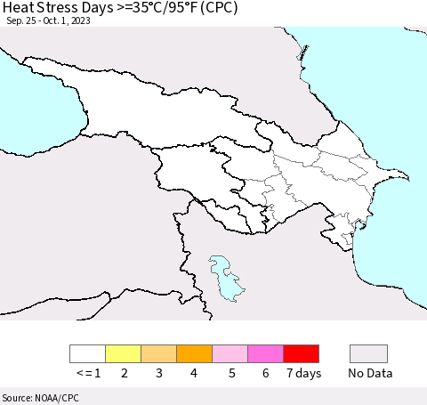 Azerbaijan, Armenia and Georgia Heat Stress Days >=35°C/95°F (CPC) Thematic Map For 9/25/2023 - 10/1/2023