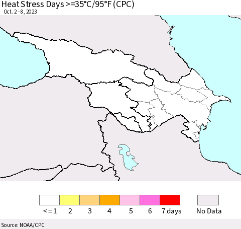 Azerbaijan, Armenia and Georgia Heat Stress Days >=35°C/95°F (CPC) Thematic Map For 10/2/2023 - 10/8/2023