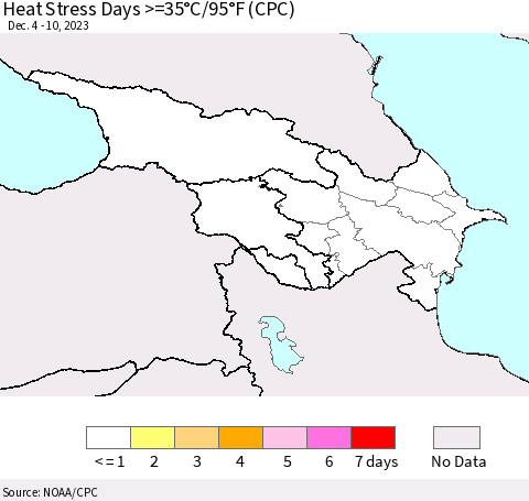 Azerbaijan, Armenia and Georgia Heat Stress Days >=35°C/95°F (CPC) Thematic Map For 12/4/2023 - 12/10/2023