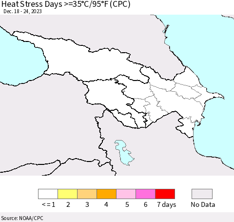 Azerbaijan, Armenia and Georgia Heat Stress Days >=35°C/95°F (CPC) Thematic Map For 12/18/2023 - 12/24/2023