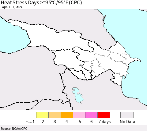 Azerbaijan, Armenia and Georgia Heat Stress Days >=35°C/95°F (CPC) Thematic Map For 4/1/2024 - 4/7/2024