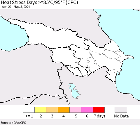 Azerbaijan, Armenia and Georgia Heat Stress Days >=35°C/95°F (CPC) Thematic Map For 4/29/2024 - 5/5/2024