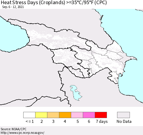 Azerbaijan, Armenia and Georgia Heat Stress Days (Croplands) >=35°C/95°F (CPC) Thematic Map For 9/6/2021 - 9/12/2021