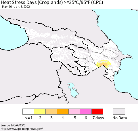 Azerbaijan, Armenia and Georgia Heat Stress Days (Croplands) >=35°C/95°F (CPC) Thematic Map For 5/30/2022 - 6/5/2022