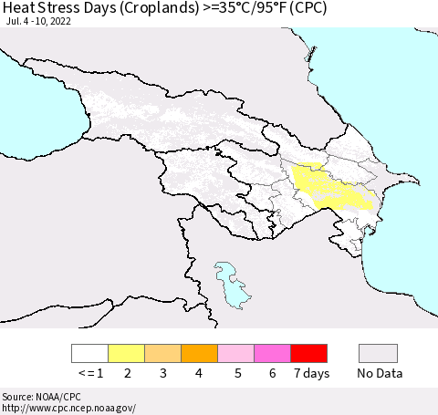 Azerbaijan, Armenia and Georgia Heat Stress Days (Croplands) >=35°C/95°F (CPC) Thematic Map For 7/4/2022 - 7/10/2022