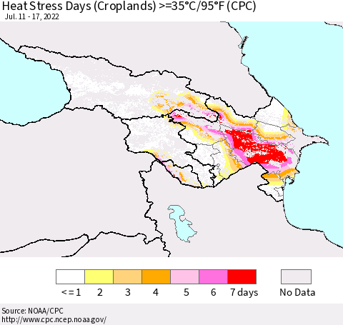Azerbaijan, Armenia and Georgia Heat Stress Days (Croplands) >=35°C/95°F (CPC) Thematic Map For 7/11/2022 - 7/17/2022
