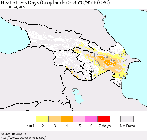 Azerbaijan, Armenia and Georgia Heat Stress Days (Croplands) >=35°C/95°F (CPC) Thematic Map For 7/18/2022 - 7/24/2022