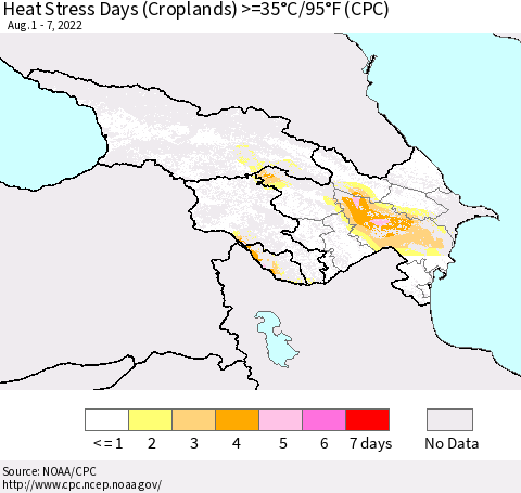Azerbaijan, Armenia and Georgia Heat Stress Days (Croplands) >=35°C/95°F (CPC) Thematic Map For 8/1/2022 - 8/7/2022