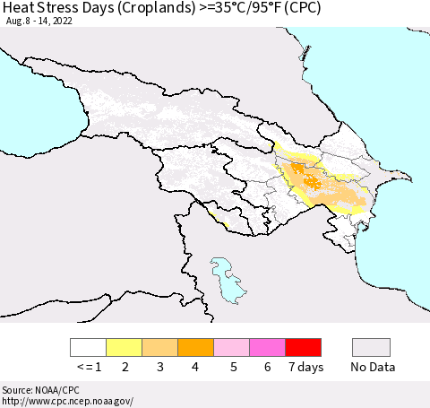 Azerbaijan, Armenia and Georgia Heat Stress Days (Croplands) >=35°C/95°F (CPC) Thematic Map For 8/8/2022 - 8/14/2022