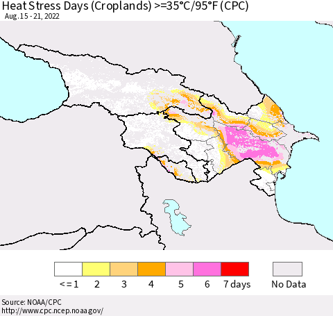 Azerbaijan, Armenia and Georgia Heat Stress Days (Croplands) >=35°C/95°F (CPC) Thematic Map For 8/15/2022 - 8/21/2022