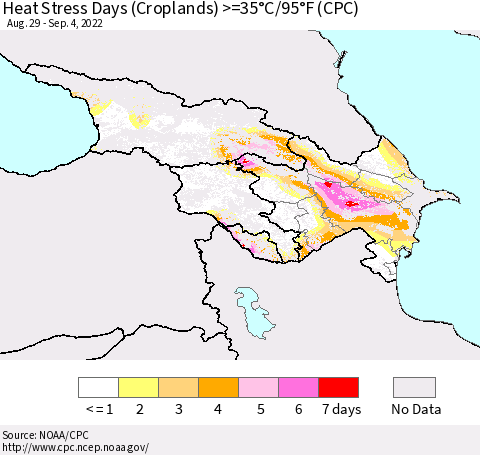 Azerbaijan, Armenia and Georgia Heat Stress Days (Croplands) >=35°C/95°F (CPC) Thematic Map For 8/29/2022 - 9/4/2022