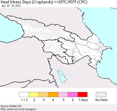 Azerbaijan, Armenia and Georgia Heat Stress Days (Croplands) >=35°C/95°F (CPC) Thematic Map For 4/10/2023 - 4/16/2023