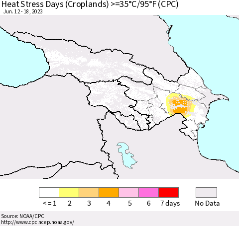 Azerbaijan, Armenia and Georgia Heat Stress Days (Croplands) >=35°C/95°F (CPC) Thematic Map For 6/12/2023 - 6/18/2023