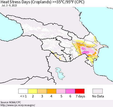 Azerbaijan, Armenia and Georgia Heat Stress Days (Croplands) >=35°C/95°F (CPC) Thematic Map For 7/3/2023 - 7/9/2023