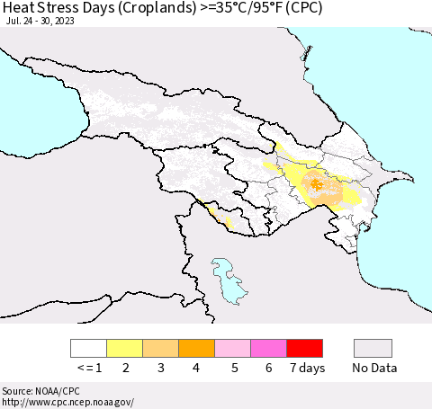Azerbaijan, Armenia and Georgia Heat Stress Days (Croplands) >=35°C/95°F (CPC) Thematic Map For 7/24/2023 - 7/30/2023