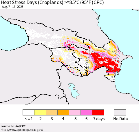 Azerbaijan, Armenia and Georgia Heat Stress Days (Croplands) >=35°C/95°F (CPC) Thematic Map For 8/7/2023 - 8/13/2023