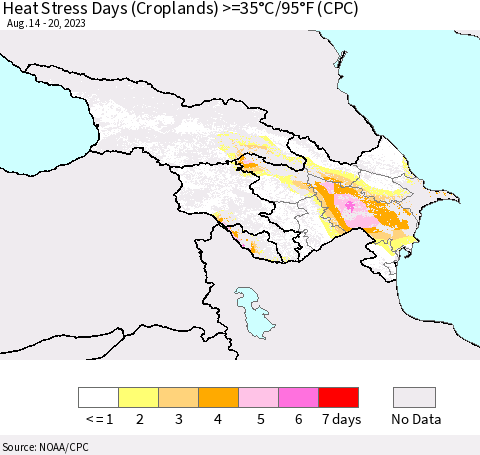 Azerbaijan, Armenia and Georgia Heat Stress Days (Croplands) >=35°C/95°F (CPC) Thematic Map For 8/14/2023 - 8/20/2023