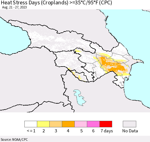 Azerbaijan, Armenia and Georgia Heat Stress Days (Croplands) >=35°C/95°F (CPC) Thematic Map For 8/21/2023 - 8/27/2023