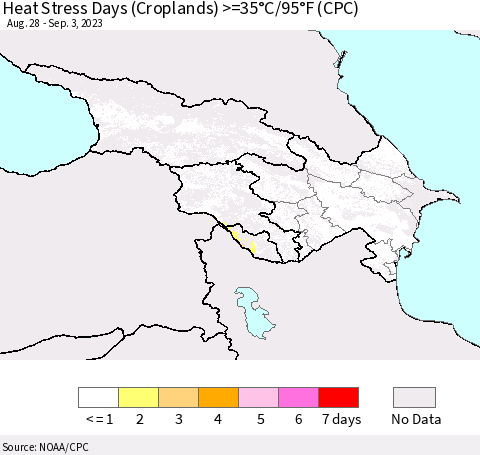 Azerbaijan, Armenia and Georgia Heat Stress Days (Croplands) >=35°C/95°F (CPC) Thematic Map For 8/28/2023 - 9/3/2023
