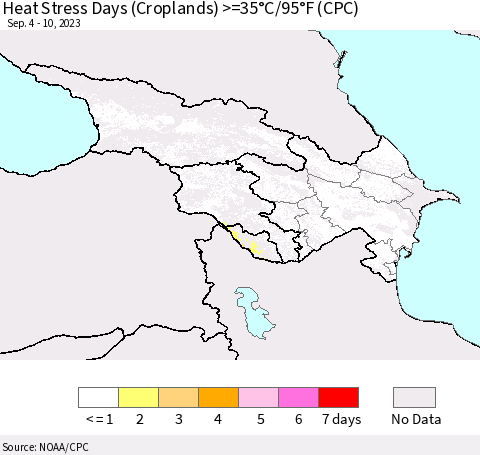 Azerbaijan, Armenia and Georgia Heat Stress Days (Croplands) >=35°C/95°F (CPC) Thematic Map For 9/4/2023 - 9/10/2023