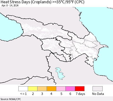 Azerbaijan, Armenia and Georgia Heat Stress Days (Croplands) >=35°C/95°F (CPC) Thematic Map For 4/8/2024 - 4/14/2024