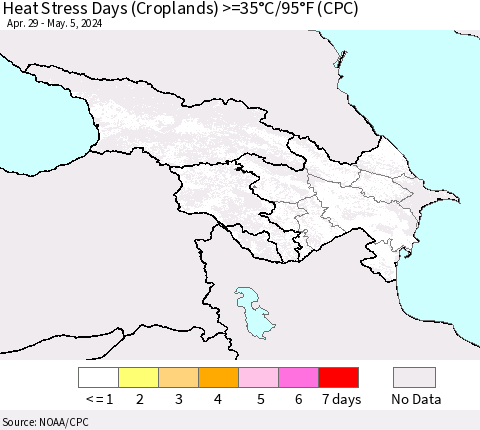 Azerbaijan, Armenia and Georgia Heat Stress Days (Croplands) >=35°C/95°F (CPC) Thematic Map For 4/29/2024 - 5/5/2024