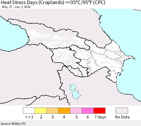 Azerbaijan, Armenia and Georgia Heat Stress Days (Croplands) >=35°C/95°F (CPC) Thematic Map For 5/27/2024 - 6/2/2024